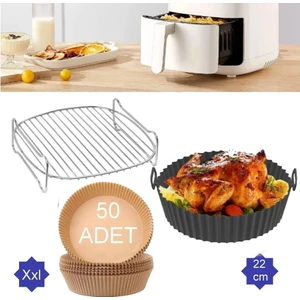 Trendmuud Home 3 Parça Xxl 22 cm  Airfryer Izgara Seti Silikon Pişirme Kabı Yanmaz Kağıt