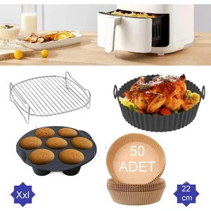 Trendmuud Home 4 Parça Xxl 22 cm Airfryer Izgara Seti Silikon Pişirme Kabı Yanmaz Kağıt Muffin Kabı