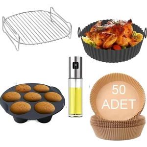 Trendmuud Home 5 Parça Xxl 22 cm  Airfryer Izgara Seti Silikon  Kabı  Yanmaz Kağıt Muffin Kabı Sprey Yağdanlık