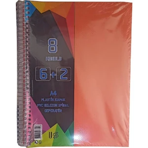 6+2 Ayraçlı Defter 8 Konulu 200 Yaprak 1 Adet 6 Kareli 2 Çizgili Spralli Plastik Kapak Seperatörlü
