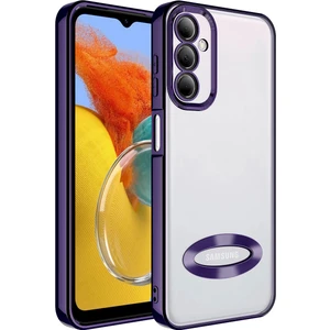 Case World Samsung Galaxy M14 Kapak Yanları Renkli Lens Korumalı Logo Gösteren Şeffaf Luxury Silikon Kılıf - Mor