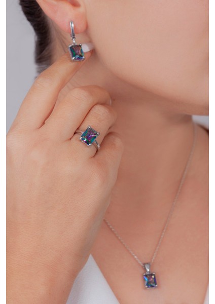 Mistik Topaz Taşlı Üçlü Modern Gümüş Takı Seti