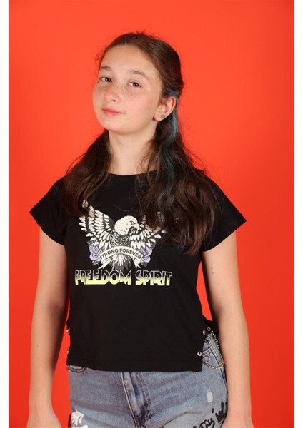 10-14 Yaş Kız Çocuk Kartal Baskılı Zincir Detaylı Siyah Renk T-Shirt