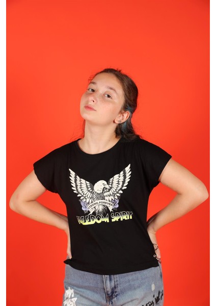 10-14 Yaş Kız Çocuk Kartal Baskılı Zincir Detaylı Siyah Renk T-Shirt fiyatları