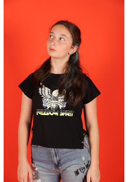 10-14 Yaş Kız Çocuk Kartal Baskılı Zincir Detaylı Siyah Renk T-Shirt modelleri