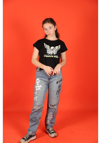 10-14 Yaş Kız Çocuk Kartal Baskılı Zincir Detaylı Siyah Renk T-Shirt indirimleri