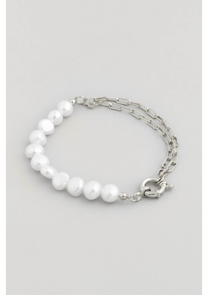 Zincir Detaylı 18 Ayar Beyaz Altın Kaplama 18 cm Gümüş Inci Bileklik