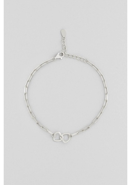 Iki Kalp 18 Ayar Beyaz Altın Kaplama Gümüş Zincir Bileklik