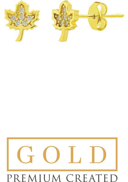 14 Ayar Sarı Altın Sertifikalı Premium Created Taşlı Minimal Çınar Yaprağı Küpe