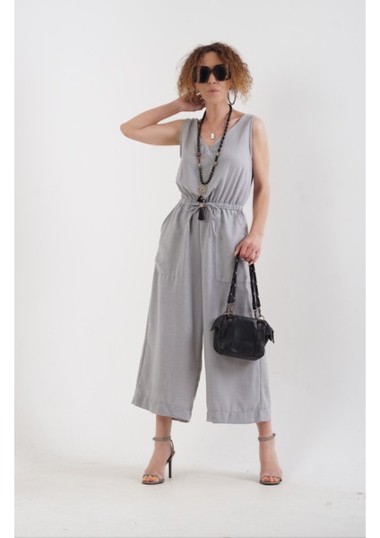 Gri Ön Arka V Yaka Geniş Paça Tulum