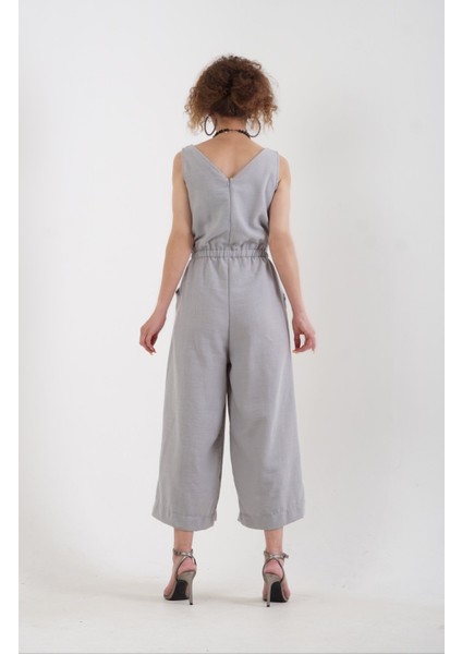 Gri Ön Arka V Yaka Geniş Paça Tulum modelleri