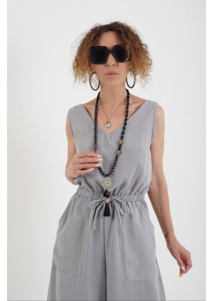 Gri Ön Arka V Yaka Geniş Paça Tulum fırsatları