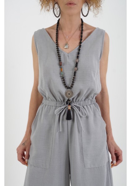 Gri Ön Arka V Yaka Geniş Paça Tulum indirimleri