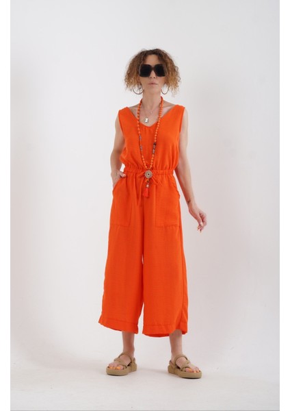 Nar Çiçeği Ön Arka V Yaka Geniş Paça Tulum fiyatları