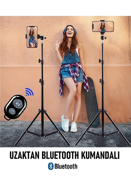 Bluetooth Kumandalı 210 cm Metal Tripod  Ring Light Lamba, Işık Ayağı 360 Döner Başlıklı Telefon Tutucu, Kumandalı