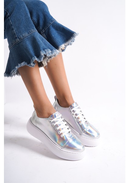 MB6304-GS Kadın Kalın Taban Gümüş Sim Hakiki Deri Sneaker & Spor Ayakkabı