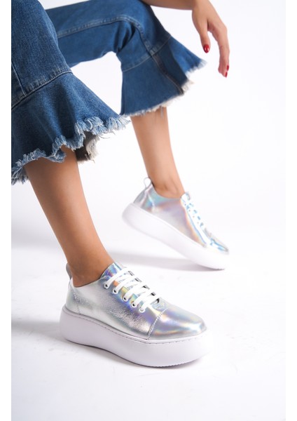 MB6304-GS Kadın Kalın Taban Gümüş Sim Hakiki Deri Sneaker & Spor Ayakkabı