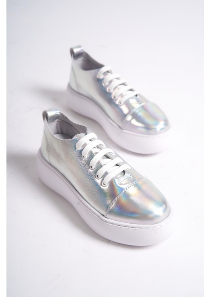 MB6304-GS Kadın Kalın Taban Gümüş Sim Hakiki Deri Sneaker & Spor Ayakkabı