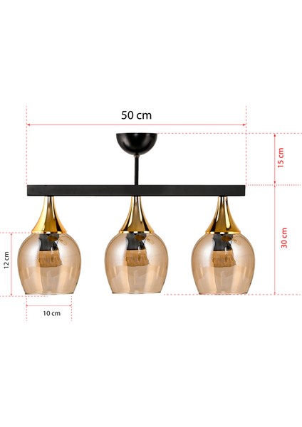 Üçlü Ufo Sarkıt Avize Siyah Bal Rengi Camlı Gold Huni