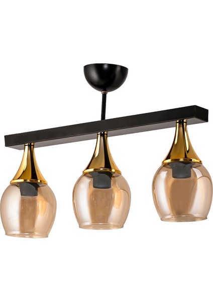 Üçlü Ufo Sarkıt Avize Siyah Bal Rengi Camlı Gold Huni