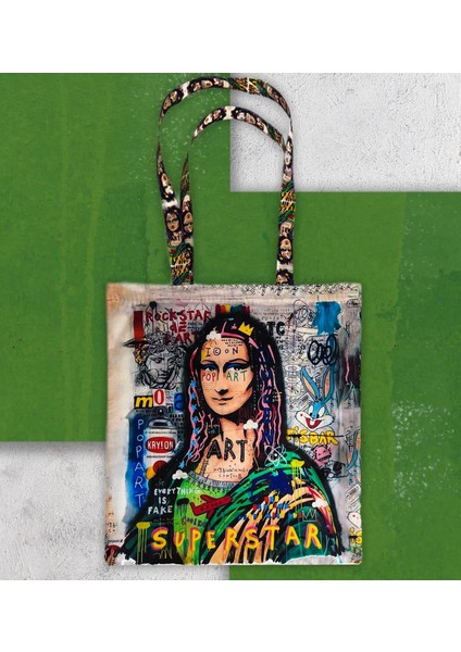 Mona Lisa Tasarımlı Baskılı Kumaş Bez Çanta Tek Bölmeli Kol ve Omuz Çantası