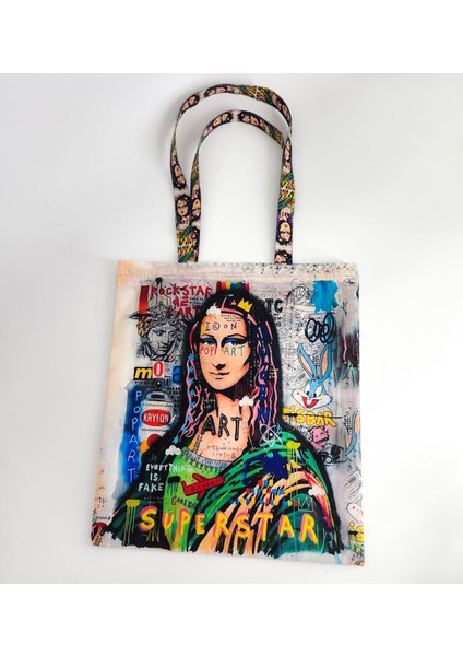 Mona Lisa Tasarımlı Baskılı Kumaş Bez Çanta Tek Bölmeli Kol ve Omuz Çantası