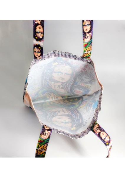 Mona Lisa Tasarımlı Baskılı Kumaş Bez Çanta Tek Bölmeli Kol ve Omuz Çantası