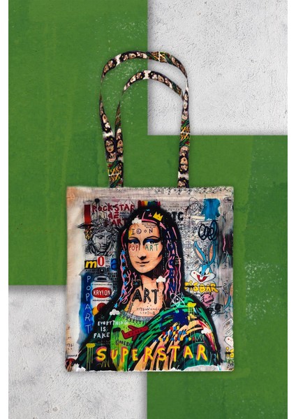 Mona Lisa Tasarımlı Baskılı Kumaş Bez Çanta Tek Bölmeli Kol ve Omuz Çantası