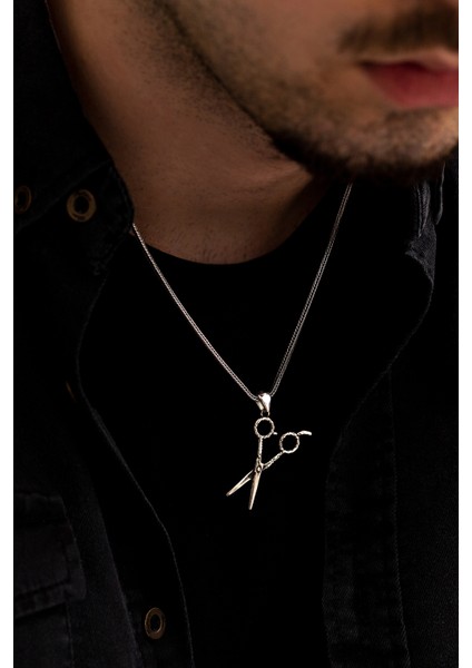 Erkek Gümüş Kolye - Makas Figürlü Erkek Gümüş Kolye Tilki Kuyruğu Zincirli