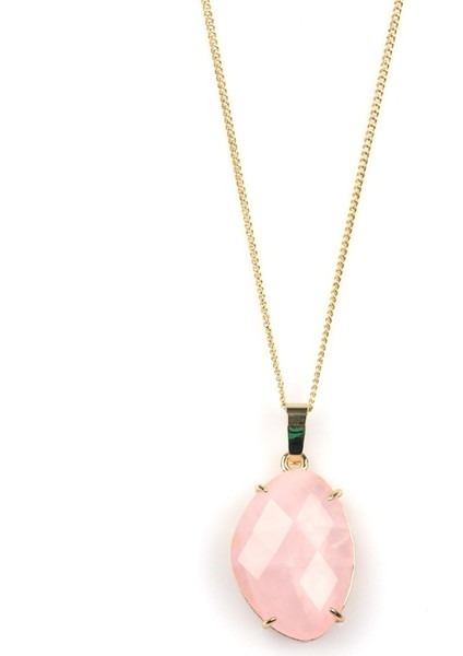 Pembe Kuvars Doğal Taş Gold Renkli Kolye