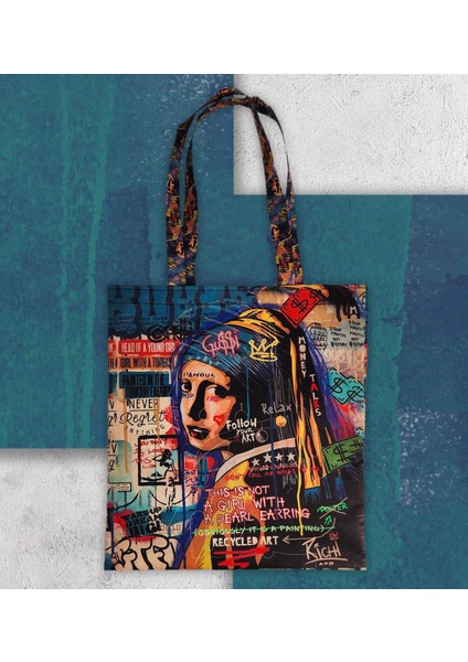 Inci Küpeli Kız Tasarımlı Baskılı Kumaş Bez Çanta Tek Bölmeli Kol ve Omuz Çantası