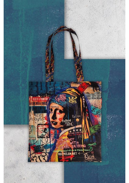 Inci Küpeli Kız Tasarımlı Baskılı Kumaş Bez Çanta Tek Bölmeli Kol ve Omuz Çantası fırsatları