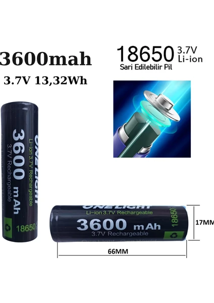 18650 Pil 3600 Mah 3,7V 13,32 Wh Şarjlı Lion Pil 2 Adet