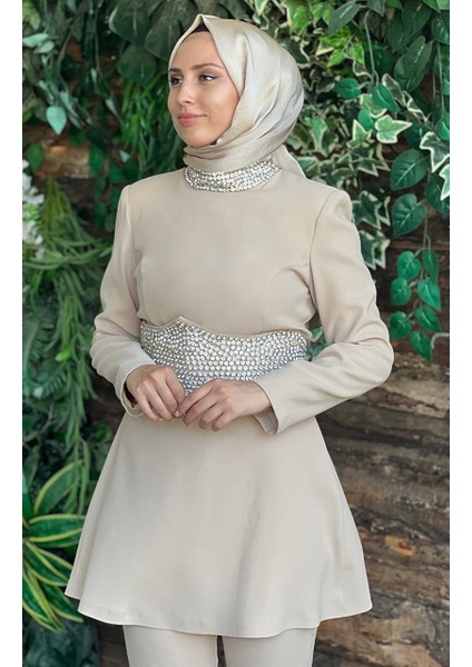 RİBAS Abiye Pantolonlu Takım R127 Bej modelleri