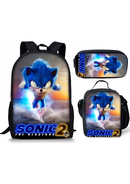 Sonic Sırt Çantası Sonic2 Öğrenci Okul Çantası Çocuk Yemek Çantası Kalem Kutusu Üç Parçalı Set (Yurt Dışından)