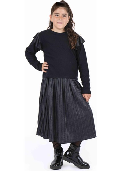 Kız Çocuk Kolları Deri Detaylı Sweatshırt