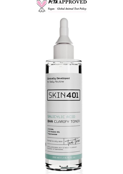 SKIN401 %2 Salisilik Asit Bha Arındırıcı, Siyah Nokta Karşıtı Tonik 200 ml