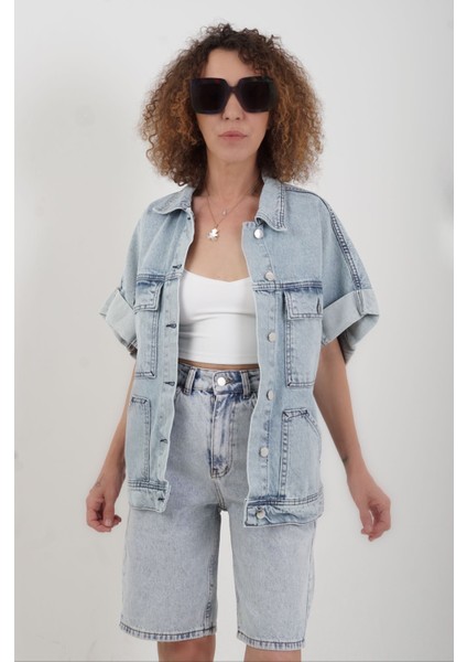 Mavi Cep Detaylı Denim Yelek