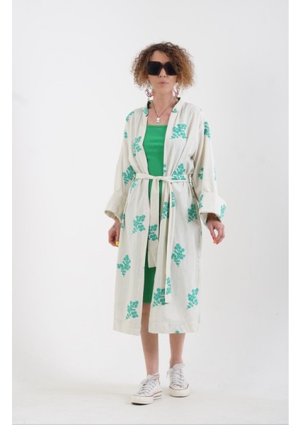 Yeşil Nakışlı Kimono Ceket