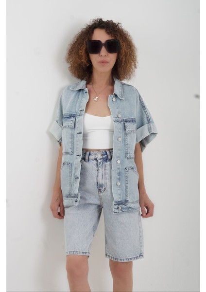 Mavi Cep Detaylı Denim Yelek