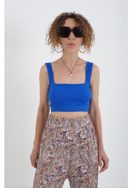 Saks Mavi Askılı Crop Top