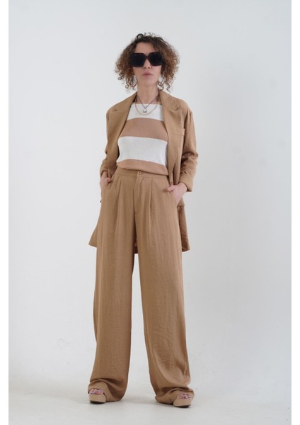 Camel Keten Karışımlı Astarsız Blazer Ceket