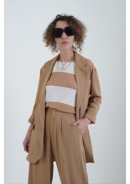 Camel Keten Karışımlı Astarsız Blazer Ceket