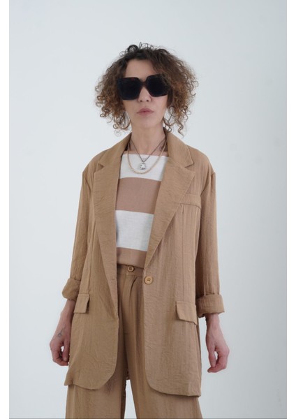 Camel Keten Karışımlı Astarsız Blazer Ceket