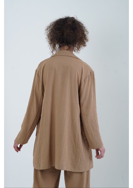 Camel Keten Karışımlı Astarsız Blazer Ceket