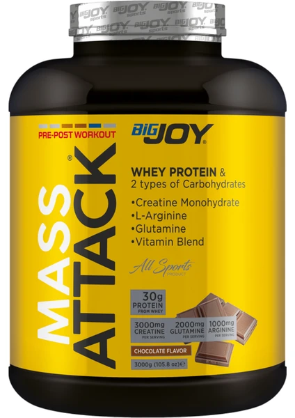 Bigjoy Sports Mass-Attack 3000 gr Çikolata - 30 gr Whey Protein - 54.42 gr Karbonhidrat - 3 gr Kreatin - 2 gr Glutamin