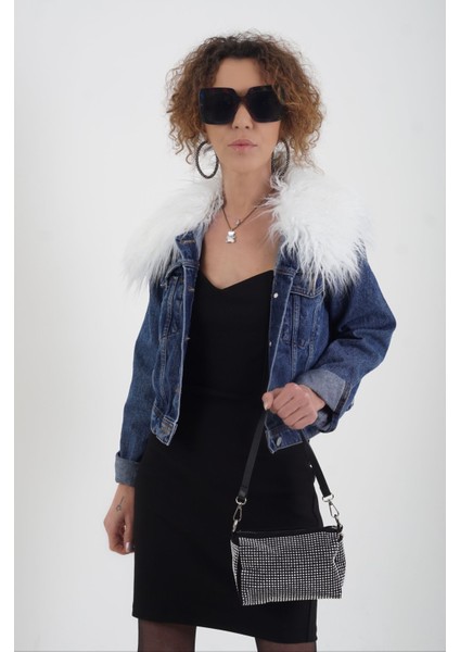 Yakası Beyaz Peluş Jean Ceket