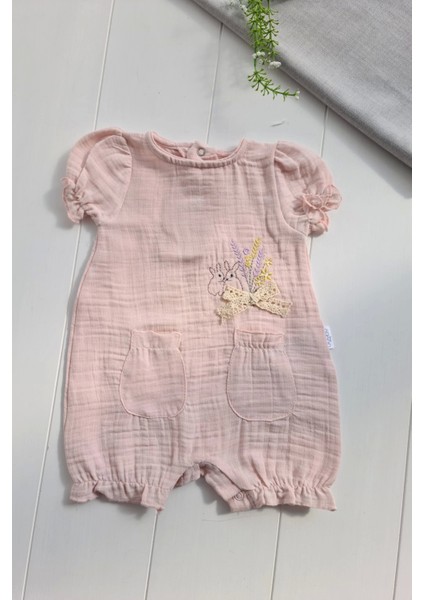 Müslin Kumaş Çiçek Nakışlı Pamuklu Kız Bebek Tulum
