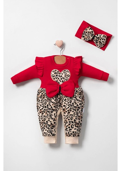 Leopar Desenli Fiyonklu Pamuk Kız Bebek Tulum