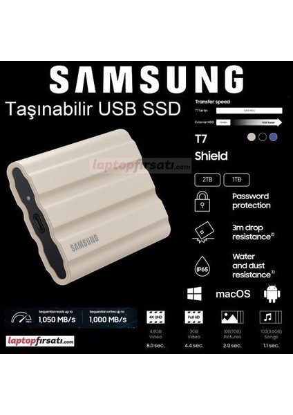 T7 Shield 2tb MU-PE2T0K/WW 1050MB-1000MB/SN USB 3.2 Gen2 Harici SSD Bej 3 Yıl Samsung Turkıye Garantili